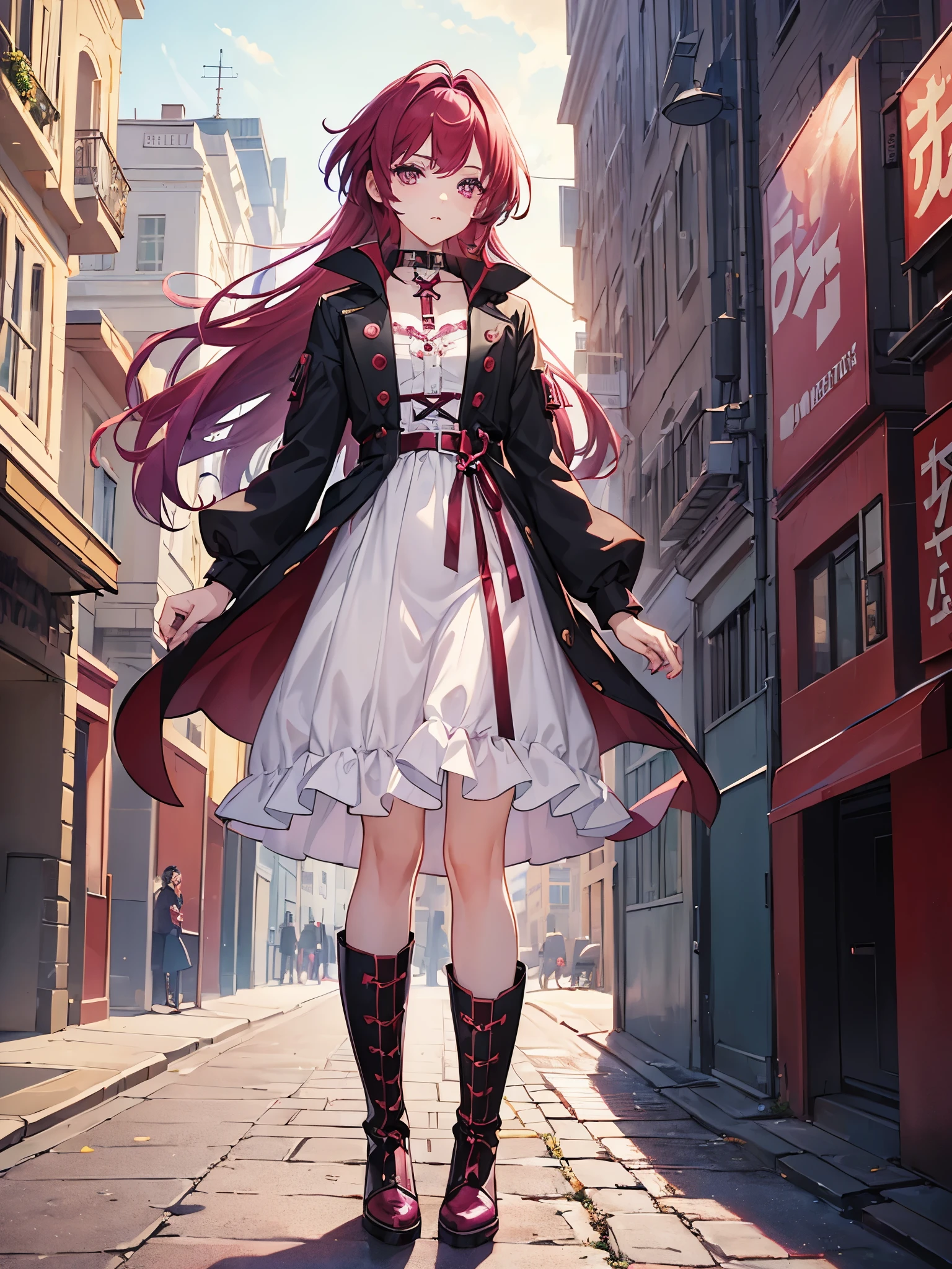 Anime girl in a white dress and black coat walking down a street - SeaArt AI