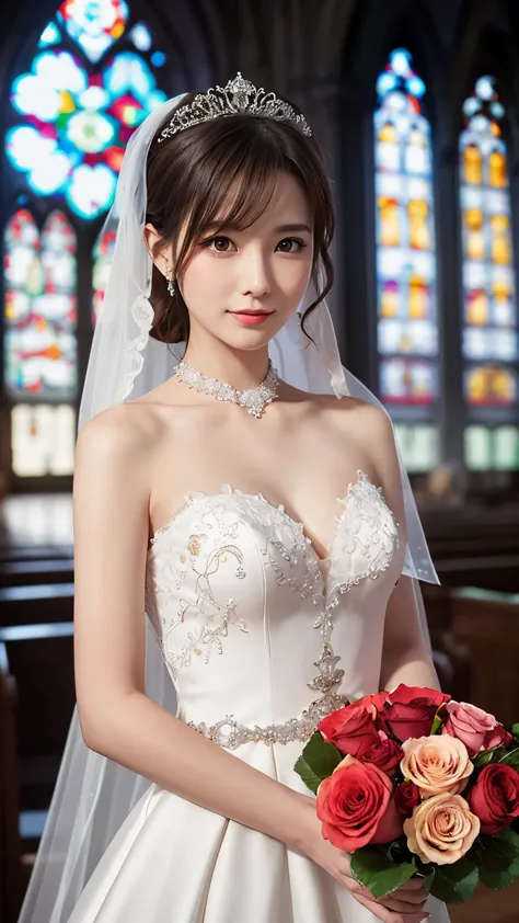 A maiden holding a bouquet: 1.2), , wearing a Wedding dress, translucent dress, bride, (finger diamond ring: 1.2), (Wedding dres...