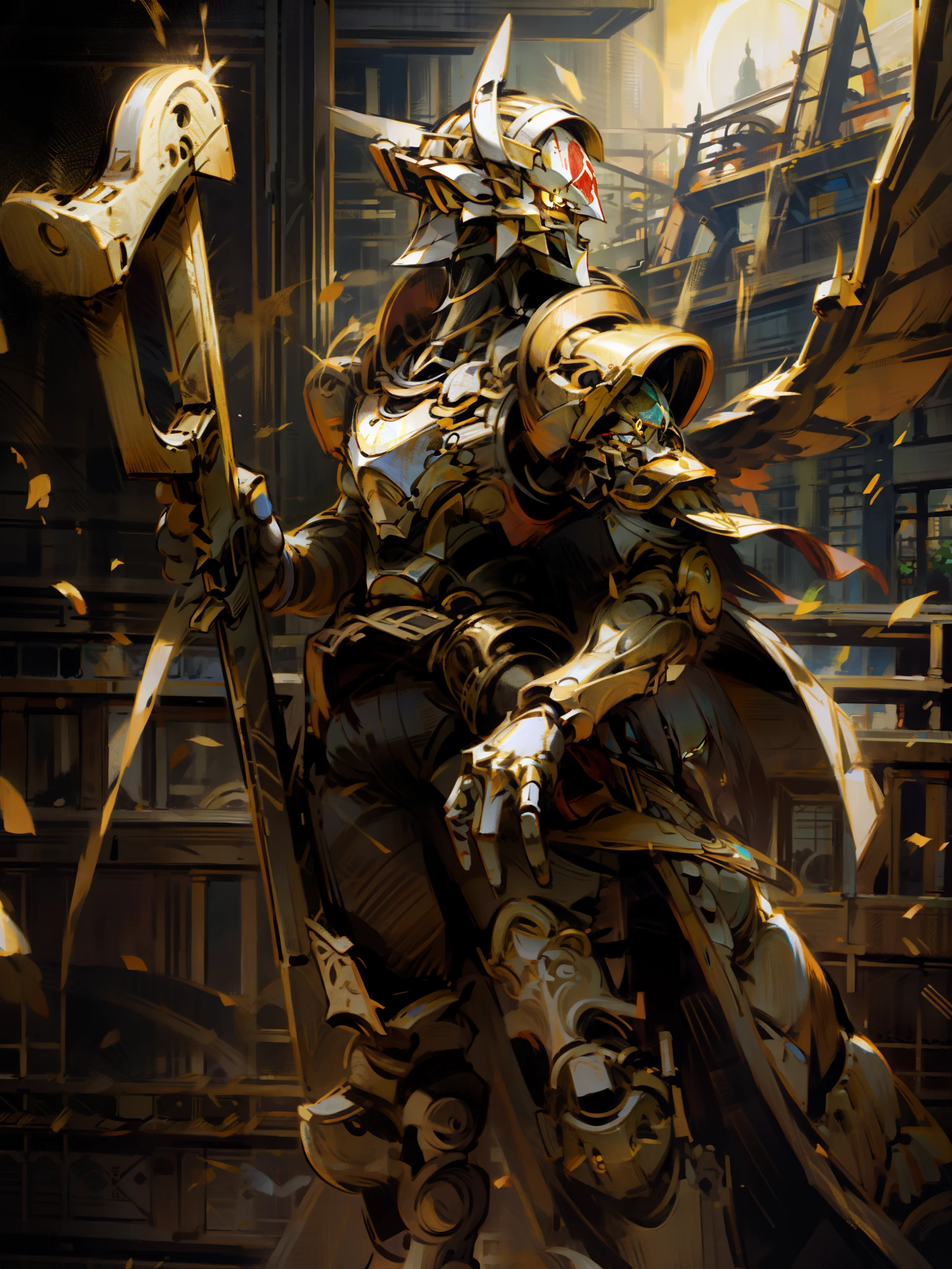 Armor-style nights, gold armor, cloth robes, red cloth, light armor, dragon armor, ra_ygo, ra_ygo armor, Dexo, Dexo head, small wings, bright gold armor, reflective gold armor, holding rifle, holding gun, standing in rubble, standing in ruin, surrounded by ruin, clear sky, light blue sky, robot head