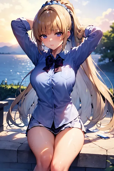 photo of kei karuizawa with large breasts and a huge ass and wearing a bikini doing squats on a beach with sunny weather,  (light skin), (sweating) ,(beautiful scenery),(perfect face), masterpiece, blush, 1girl, solo, smooth anime cg art, (hands behind hea...