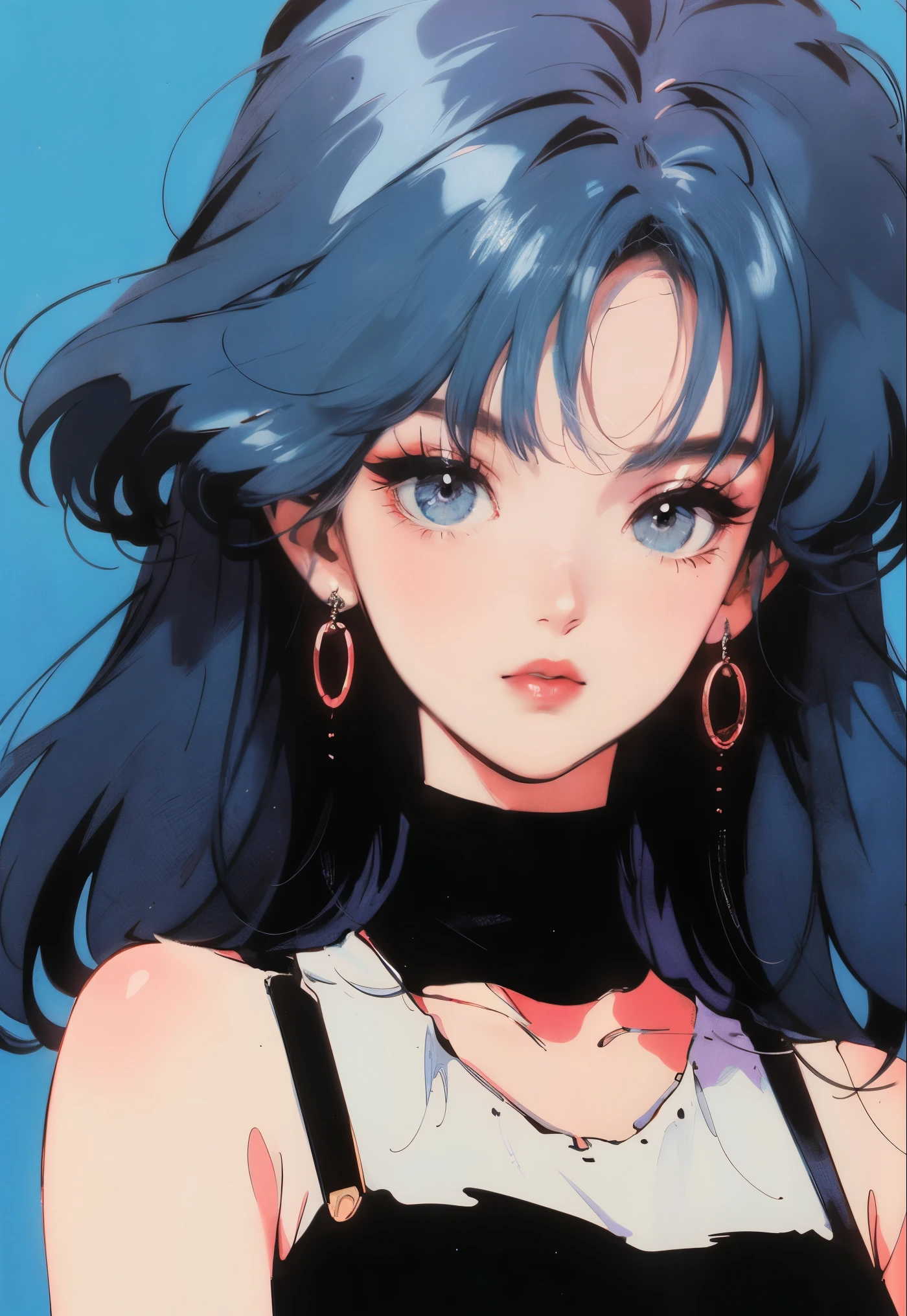 Anime girl with blue hair and black top with earrings - SeaArt AI