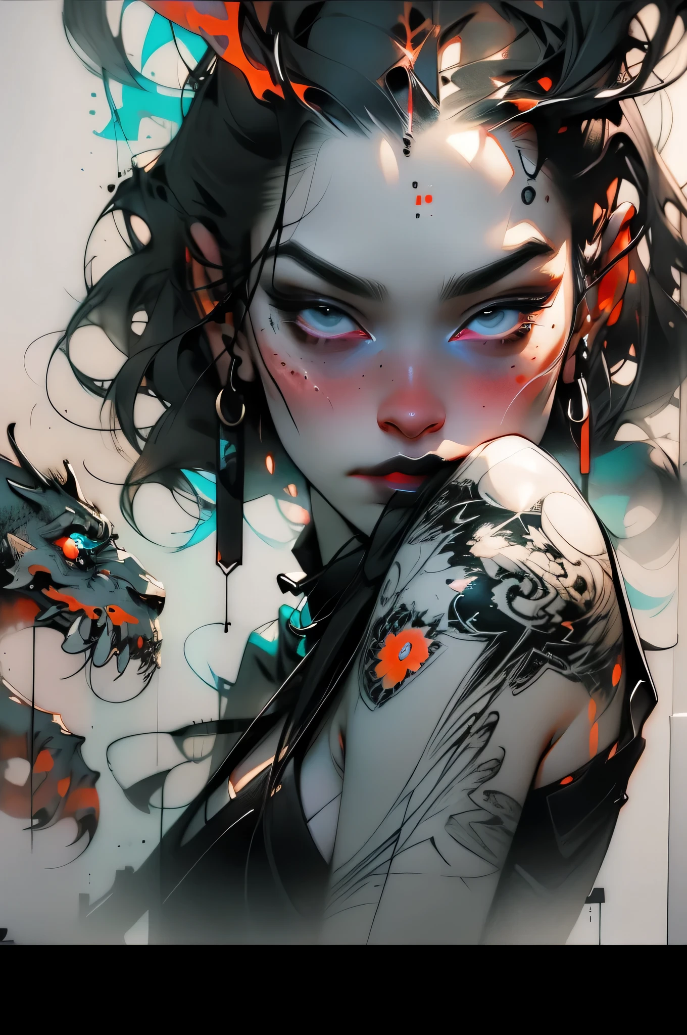 Watercolor Touch、a woman by agnes cecile, Towering forever, pale  colours, ink drips, spot lights,Artistic,black and orange、mirror、bao phan、suffering