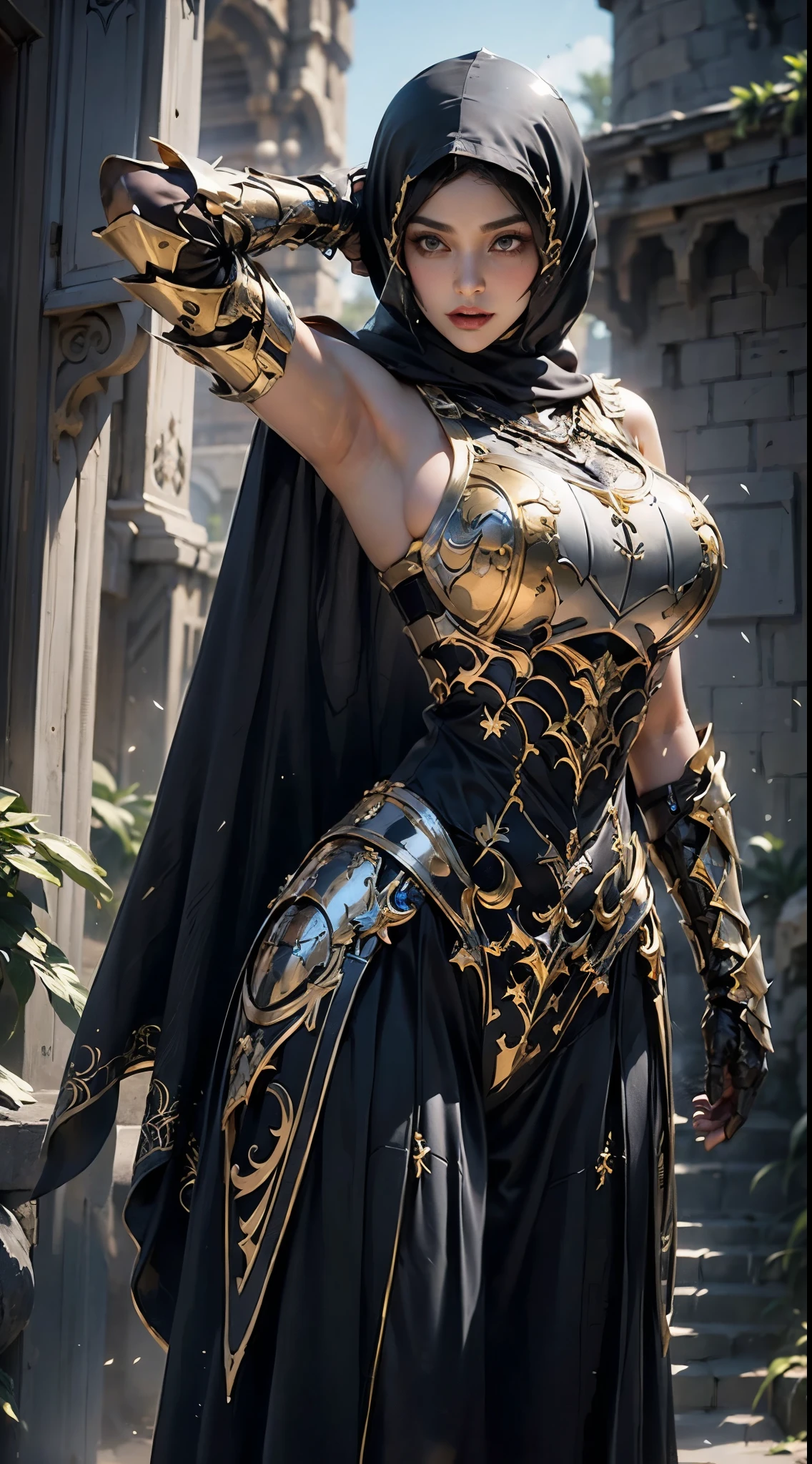 photorealistic, high resolution, 1 girl, hips up,  long straight black hair, beautiful eyes, normal breast, dark souls style, armor, black hijab, black niqab, golden embroidery, ultra detailed armpit, sweaty armpit, wet, muscular, desert castle, backlighting, 