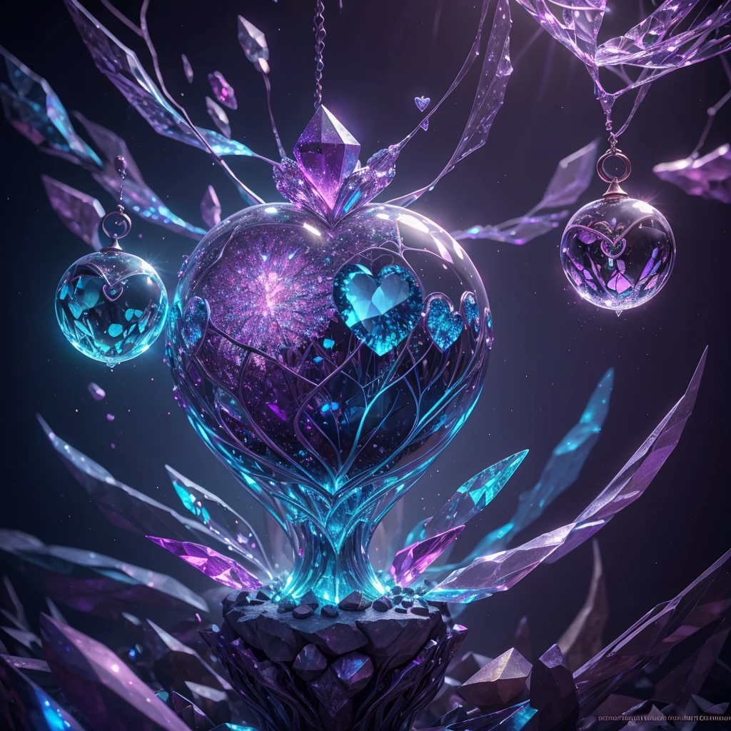 crystal heart with mini broken hearts inside, fantasy, cinema 4d, polished, colorful, intricate, eldritch, ethereal, vibrant, surrealism, surrealism, vray, nvdia ray tracing, cryengine, magical, 4k, 8k, masterpiece, crystal, glowing, orbs, iridescent