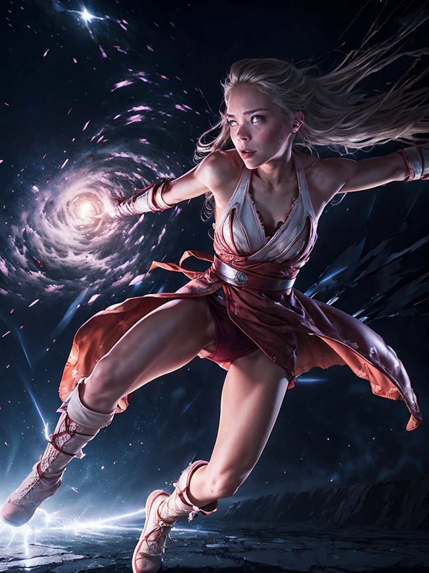 8K, highest quality, masterpiece, realistic, ultra detail,  photograph, HDR, High resolution, cinematic light, official art, High resolution, Depth of written boundary,(running), girl１name、20-year-old, medium long hair,Take a full body photo、action pose,universe,cloudy sky、universe船、Starlight、thunder、lightning、 (Wind:1.8),