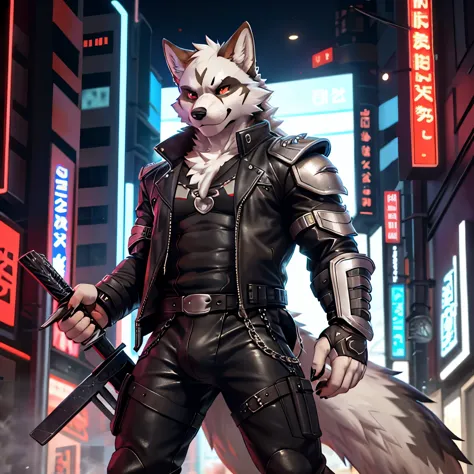 there is a man in a wolf mask and leather outfit holding a sword, white wolf in shiny armor, an anthropomorphic cyberpunk fox, l...