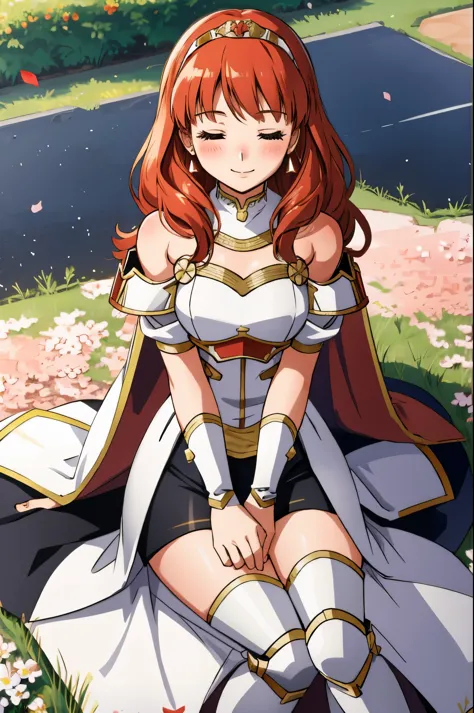 celica fe, 1girl, solo, looking at viewer, field background, (flowers), sitting, closed eyes, smile, blush, cape, armor, dress, tiara, bare shoulders, pelvic curtain, from above