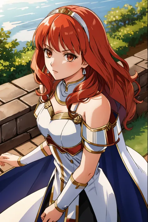 celica fe, 1girl, solo, looking at viewer, castle background, serious, upper body, cape, armor, dress, tiara, bare shoulders