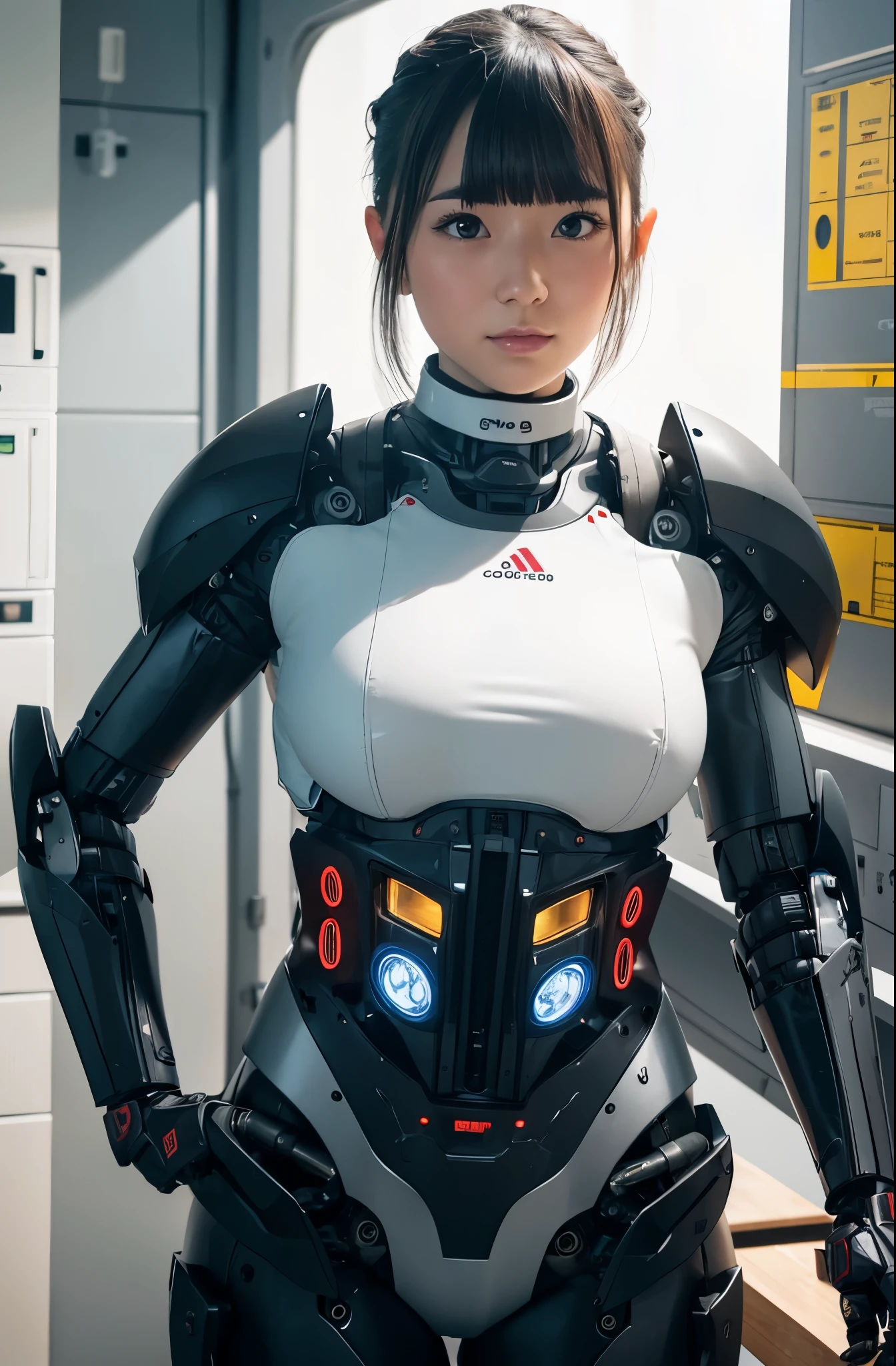 masterpiece, best quality, extremely detailed, Japaese android girl,Plump , control panels,android,Droid,Mechanical Hand, Robot arms and legs,Blunt bangs,long tube,thick cable connected her neck,（robot-assembly plant:1.4）,She is assembling now,（assembly scene:1.5）,（sleep mode:1.5）