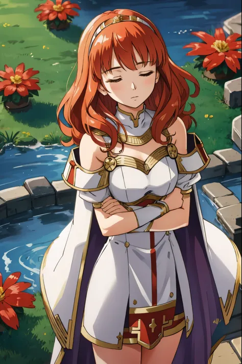 celica fe, 1girl, solo, head tilted upwards, field background, (flowers), standing, closed eyes, cape, armor, dress, tiara, bare shoulders, pelvic curtain, praying, hands held in prayer, upper body, cowboy shot