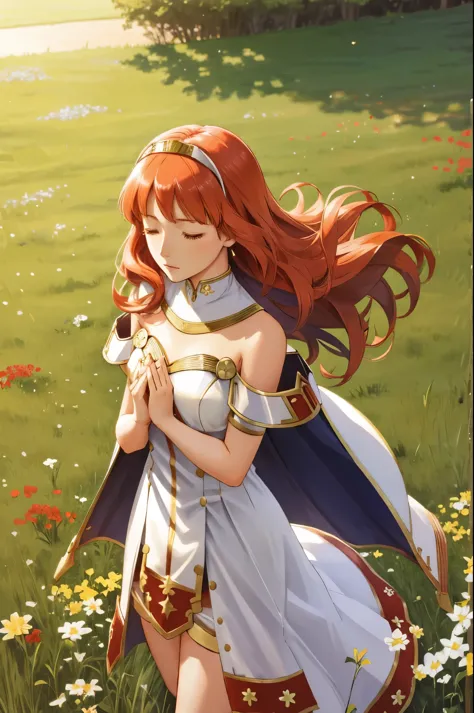 celica fe, 1girl, solo, head tilted upwards, field background, (flowers), standing, closed eyes, cape, armor, dress, tiara, bare shoulders, pelvic curtain, praying, hands held in prayer, upper body, cowboy shot