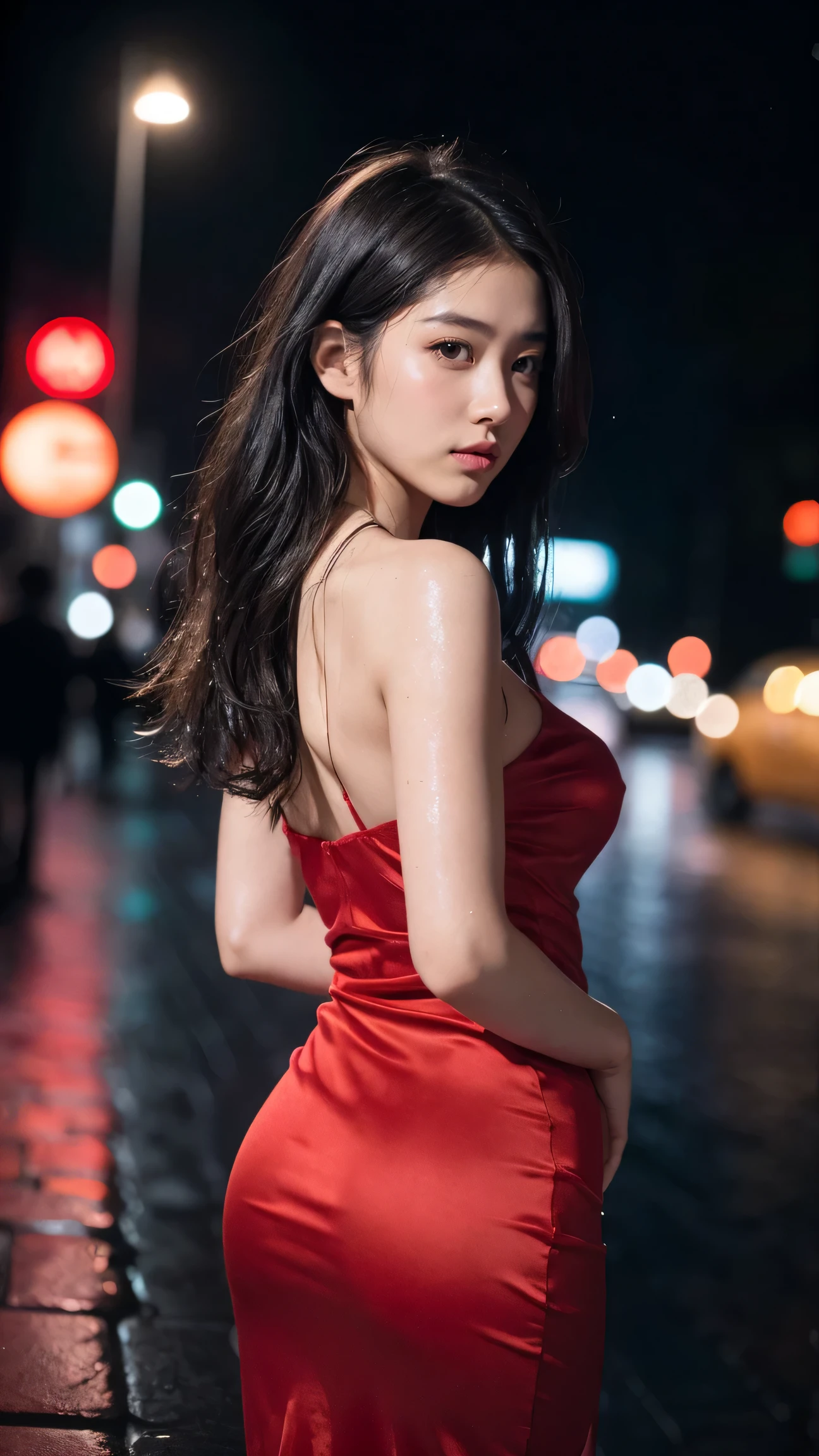 1girl,solo,long hair,Rough skin,from back,face focus,(looking at viewer:1.2),wet hair,dark,polaroid,(depth_of_field:1.5),rainy days,outdoors,street,hair between eyes,moody lighting,Tyndall effect,Cinematic Lighting,night,lamppost,lens flare,available light,rim light,glowing neon lights,curvy,Red silk dress,japanese girl,