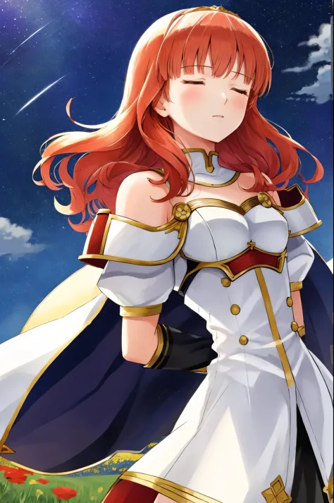 celica fe, 1girl, solo, head looking up at sky, field background, (flowers), standing, closed eyes, cape, armor, dress, tiara, bare shoulders, ppraying, hands held in prayer, upper body, cowboy shot, head tilted upwards