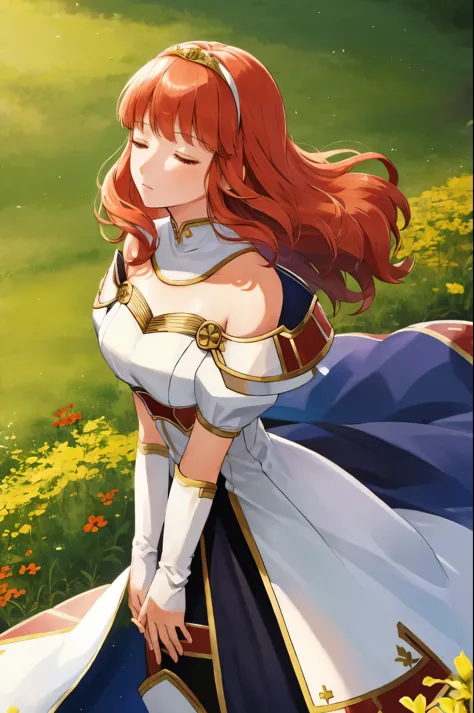 celica fe, 1girl, solo, head looking up at sky, field background, (flowers), standing, closed eyes, cape, armor, dress, tiara, bare shoulders, ppraying, hands held in prayer, upper body, cowboy shot, head tilted upwards
