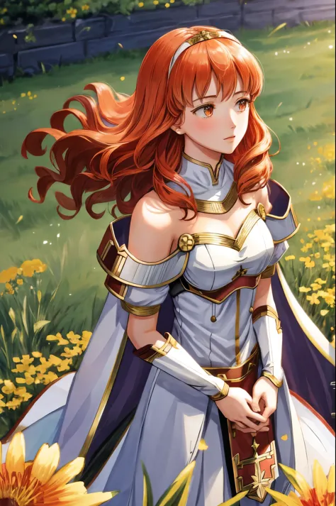 celica fe, 1girl, solo, head looking up at sky, field background, (flowers), standing, cape, armor, dress, tiara, bare shoulders, praying, hands held in prayer, upper body, cowboy shot, head tilted upwards