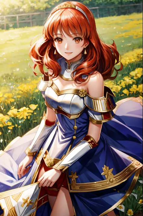 celica fe, 1girl, solo, field background, (flowers), standing, cape, armor, dress, tiara, bare shoulders, upper body, cowboy shot, smiling, looking at viewer