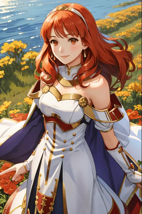 celica fe, 1girl, solo, field background, (flowers), standing, cape, armor, dress, tiara, bare shoulders, upper body, cowboy shot, smiling, looking at viewer