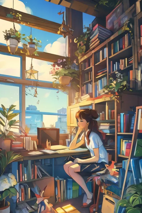 anime girl sitting at desk at home, animated background art, anime art wallpaper 4k, anime art wallpaper 4k, anime girl wallpape...