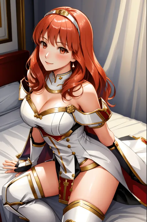 celica fe, 1girl, solo, looking at viewer, blush, sitting, wariza, on bed, seductive smile, cape, armor, dress, bare shoulders, ...