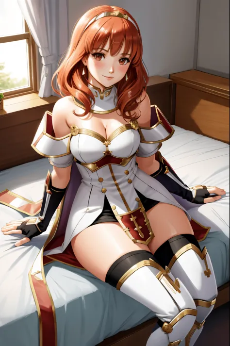 celica fe, 1girl, solo, looking at viewer, blush, sitting, wariza, on bed, seductive smile, cape, armor, dress, bare shoulders, thighhighs, tiara, gloves, pelvic curtain, leaning forward, cleavage, large breasts, thick thighs