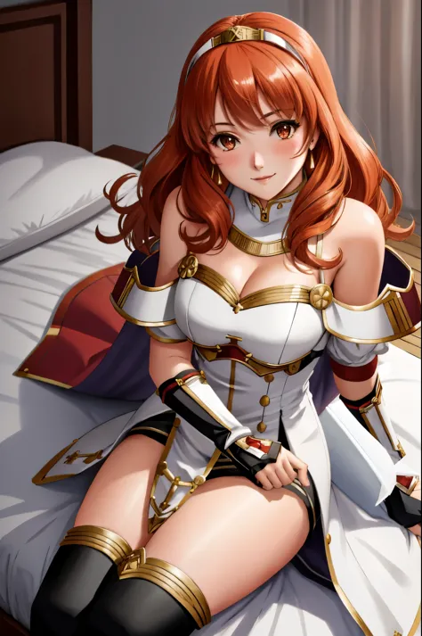 celica fe, 1girl, solo, looking at viewer, blush, sitting, wariza, on bed, seductive smile, cape, armor, dress, bare shoulders, thighhighs, tiara, gloves, pelvic curtain, leaning forward, cleavage, large breasts, thick thighs