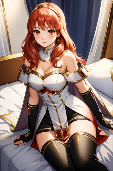 celica fe, 1girl, solo, looking at viewer, blush, sitting, wariza, on bed, seductive smile, cape, armor, dress, bare shoulders, thighhighs, tiara, gloves, pelvic curtain, leaning forward, cleavage, thick thighs