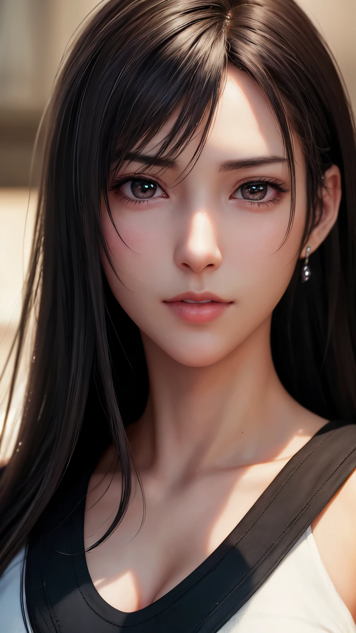dressed, (Tifa),(photo realistic:1.4), (hyper realistic:1.4), (realistic:1.3),
(smoother lighting:1.05), (Improve the quality of cinematic lighting:0.9), 32K,
1 girl,20 year old girl, realistic lighting, Backlight, light shines on your face, ray tracing, (bright light:1.2), (Improvement of quality:1.4),
(Highest quality realistic textured skin:1.4), detailed eyes, detailed face, high quality eyes,
(Tired, sleepy and satisfied:0.0), close up of face, T-shirt,
(Enhance the mood of your body line:1.1), (Enhances the beauty of skin texture:1.1)
