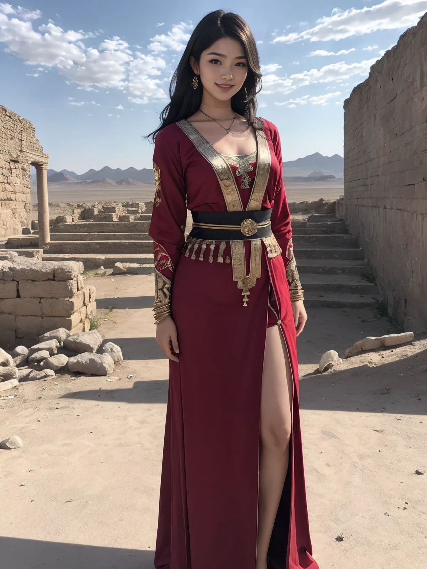 highest quality、masterpiece、ultra high resolution、(realistic:1.4)、1girl、woman、Japanese、Take a full body photo、ancient costume、beautiful eyes and skin details、smile、medium long hair、White clothes unlike any civilization、ancient ruins、desert、Tower of Babel、towering megalithic architecture、Black panther