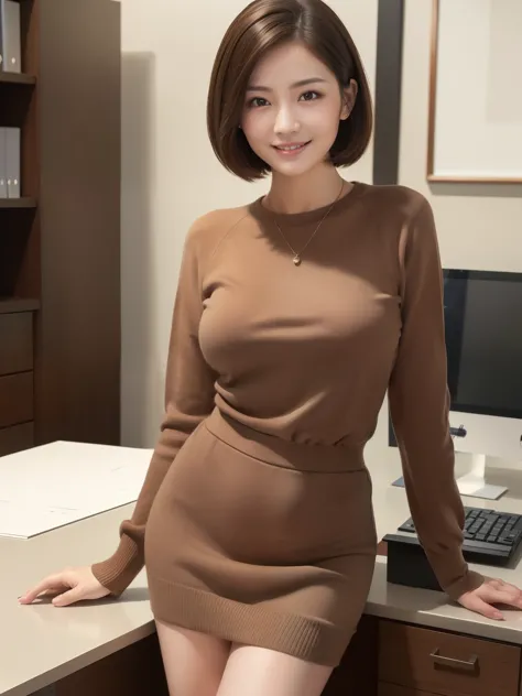 ((masterpiece))、((highest quality))、photograph、reality、High level image quality、Super detailed、married woman、30 generations、delicate features、short hair、Realistic background and accessories、large and soft chest、Brown tight knit sweater and skirt、office、sta...