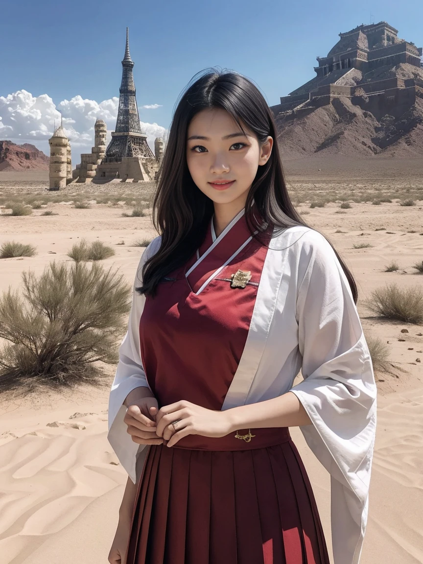 highest quality、masterpiece、ultra high resolution、(realistic:1.4)、1girl、middle-aged women、Japanese、Take a full body photo、Blouses and skirts、beautiful eyes and skin details、smile、Tower of Babel shining in the desert、Ultra-civilized、spaceship