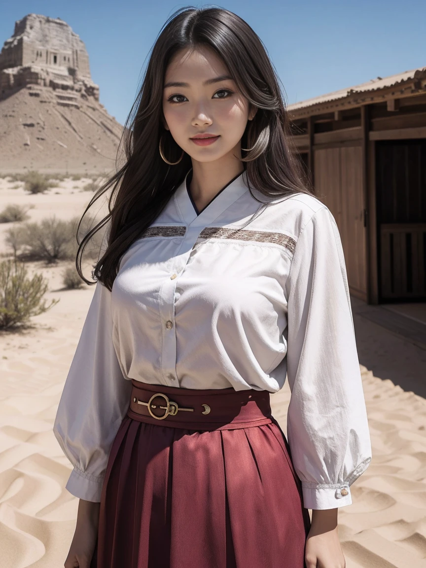 highest quality、masterpiece、ultra high resolution、(realistic:1.4)、1girl、middle-aged women、Japanese、Take a full body photo、Blouses and skirts、beautiful eyes and skin details、smile、Tower of Babel shining in the desert、Ultra-civilized、spaceship