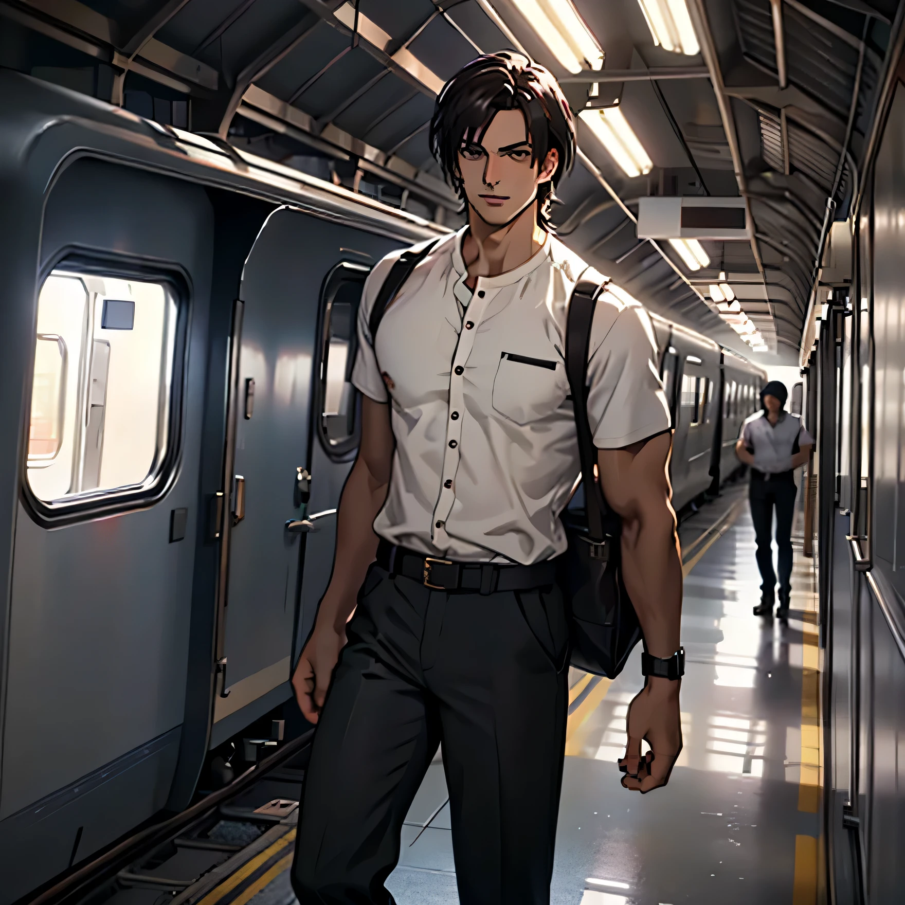 tall, stern, facing camera, white button down, pants, belt, handsome, dark brown hair, dark hair, black hair, school uniform, train background, white shirt, black pants, full body