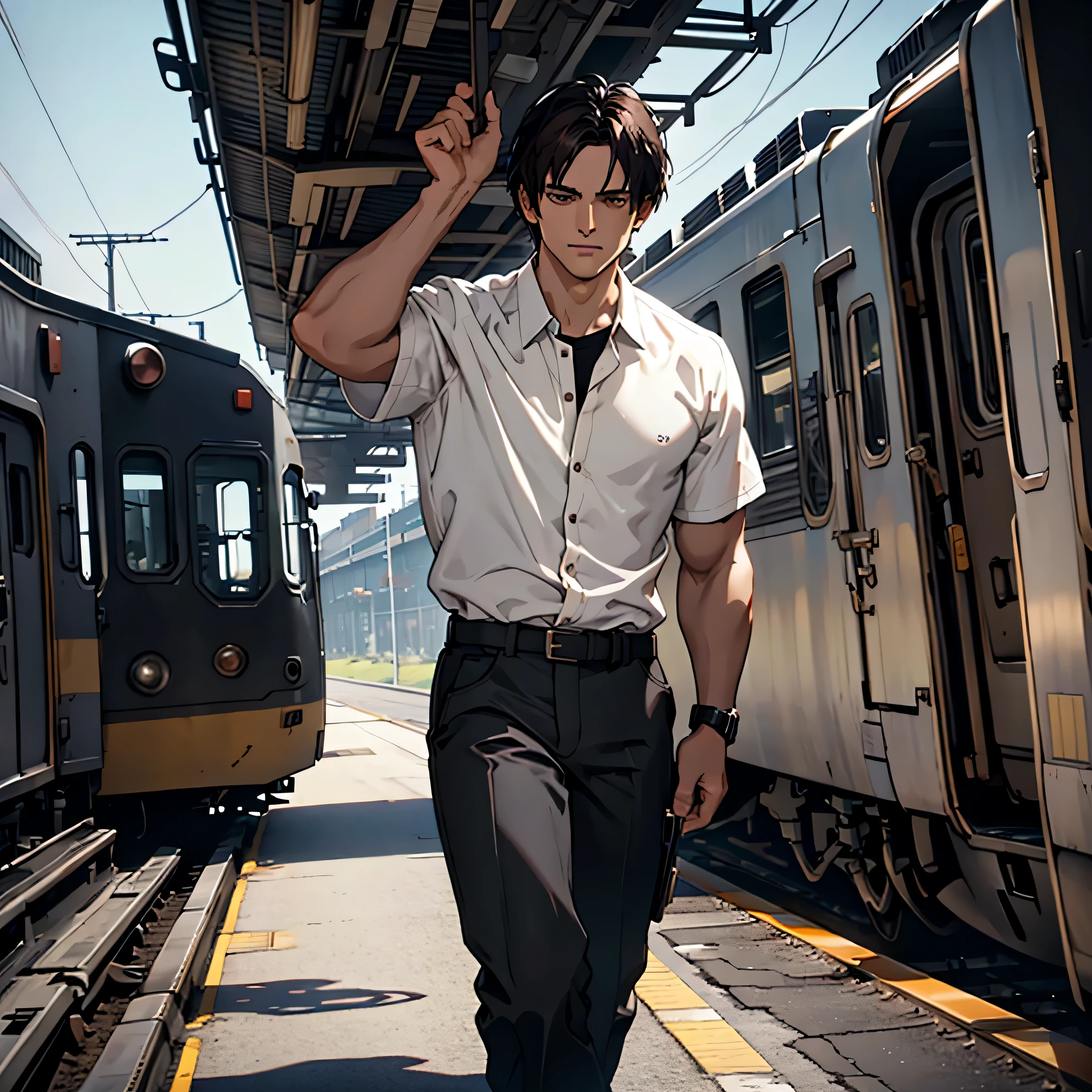 stern, facing camera, white button down, pants, belt, handsome, dark brown hair, dark hair, black hair, school uniform, train background, white shirt, black pants, full body