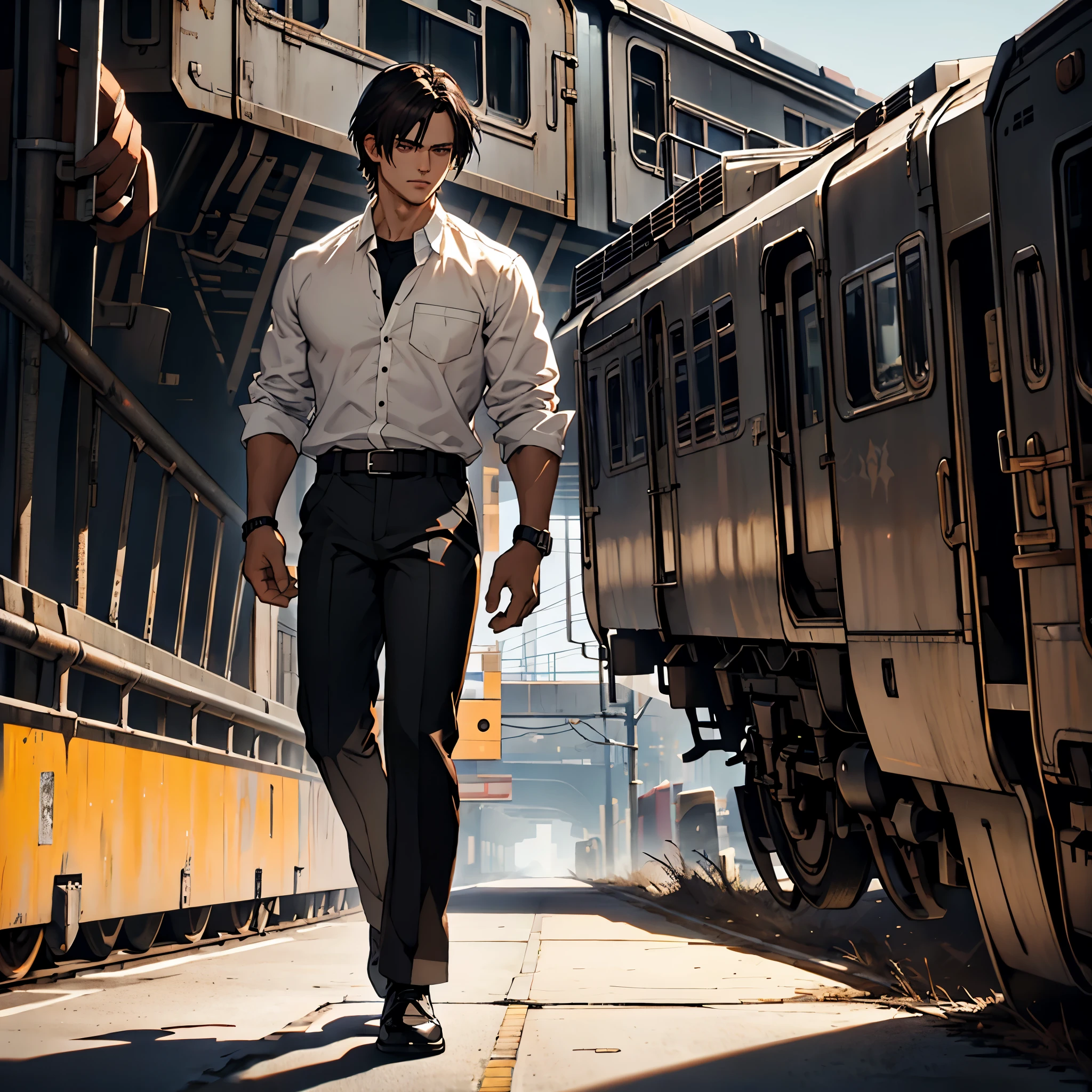 stern, facing camera, white button down, pants, belt, handsome, dark brown hair, dark hair, black hair, , train background, white shirt, black pants, full body