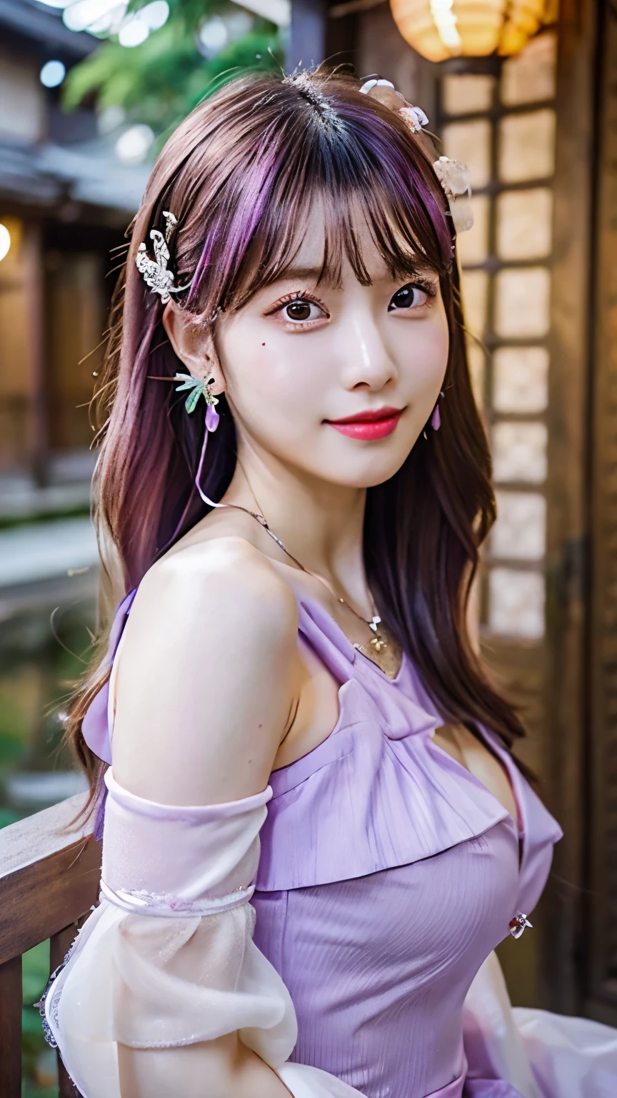 1 girl, (Ulzzang-6500:0.7), K-POP idol, yae miko, removed sleeve, bare shoulders, pink hair, long hair,  highest quality, attractive clothes, (hair ornaments:1.35), jewelry, purple eyes, earrings, big breasts:1.1, ,  cherry blossoms,  lantern light, Depth of bounds written, detailed face, face dress chest focus, ribbon_trim, (looking at the viewer:1.25), , shiny skin,, smile, thick lips, , put your hand on your lips, east asian architecture, (blurred background:1.2), sitting, Upper body,