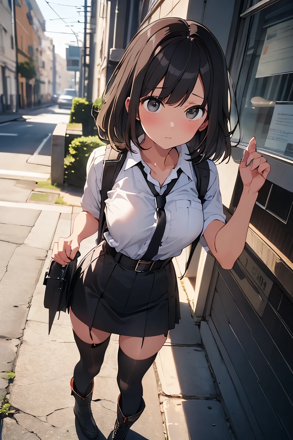 brown hair、looking at the viewer　　suspenders　　　Bulging big breasts　　 　 　　　　Black miniskirt　ガーターbelt　knee high socks　　　　　　Gaze　　　small face　bangs 　　　　　Beauty　　hands up　　 　Gaze 　black boots 　provocation　　　one person 　　　cutter shirt　　Panty shot　hands behind　put your hands behind your back　Hands behind your back　With your hands behind your back　armed　holster　handgun　belt