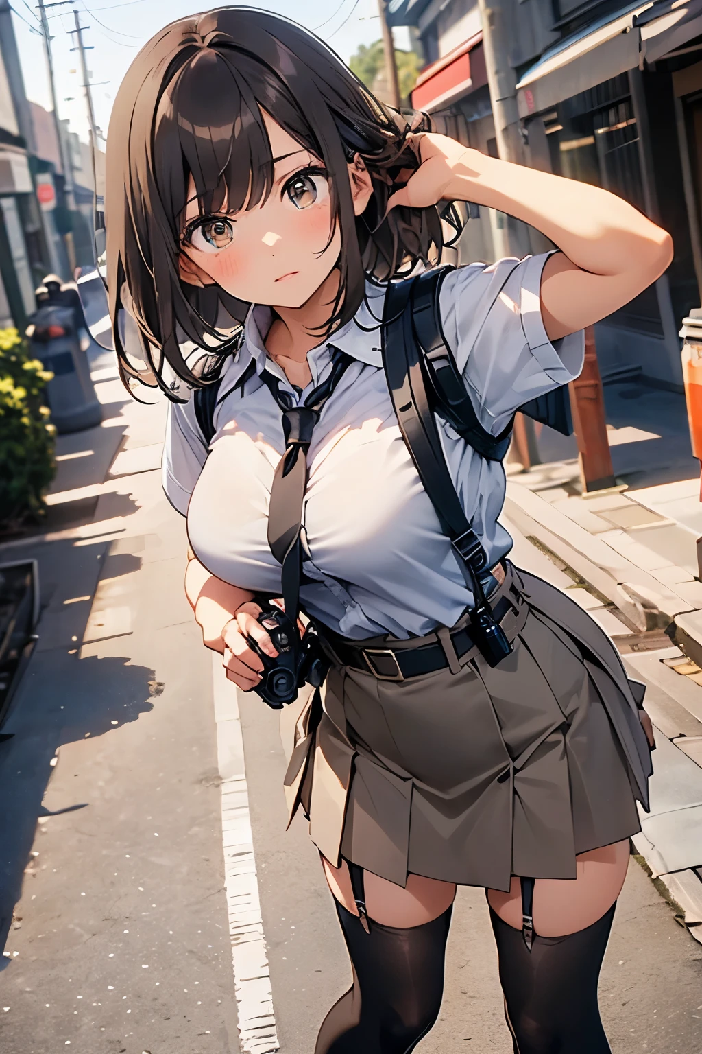 brown hair、looking at the viewer　　suspenders　　　Bulging big breasts　　 　 　　　　Black miniskirt　ガーターbelt　knee high socks　　　　　　Gaze　　　small face　bangs 　　　　　Beauty　　hands up　　 　Gaze 　black boots 　provocation　　　one person 　　　cutter shirt　　Panty shot　hands behind　put your hands behind your back　Hands behind your back　With your hands behind your back　armed　holster　handgun　belt