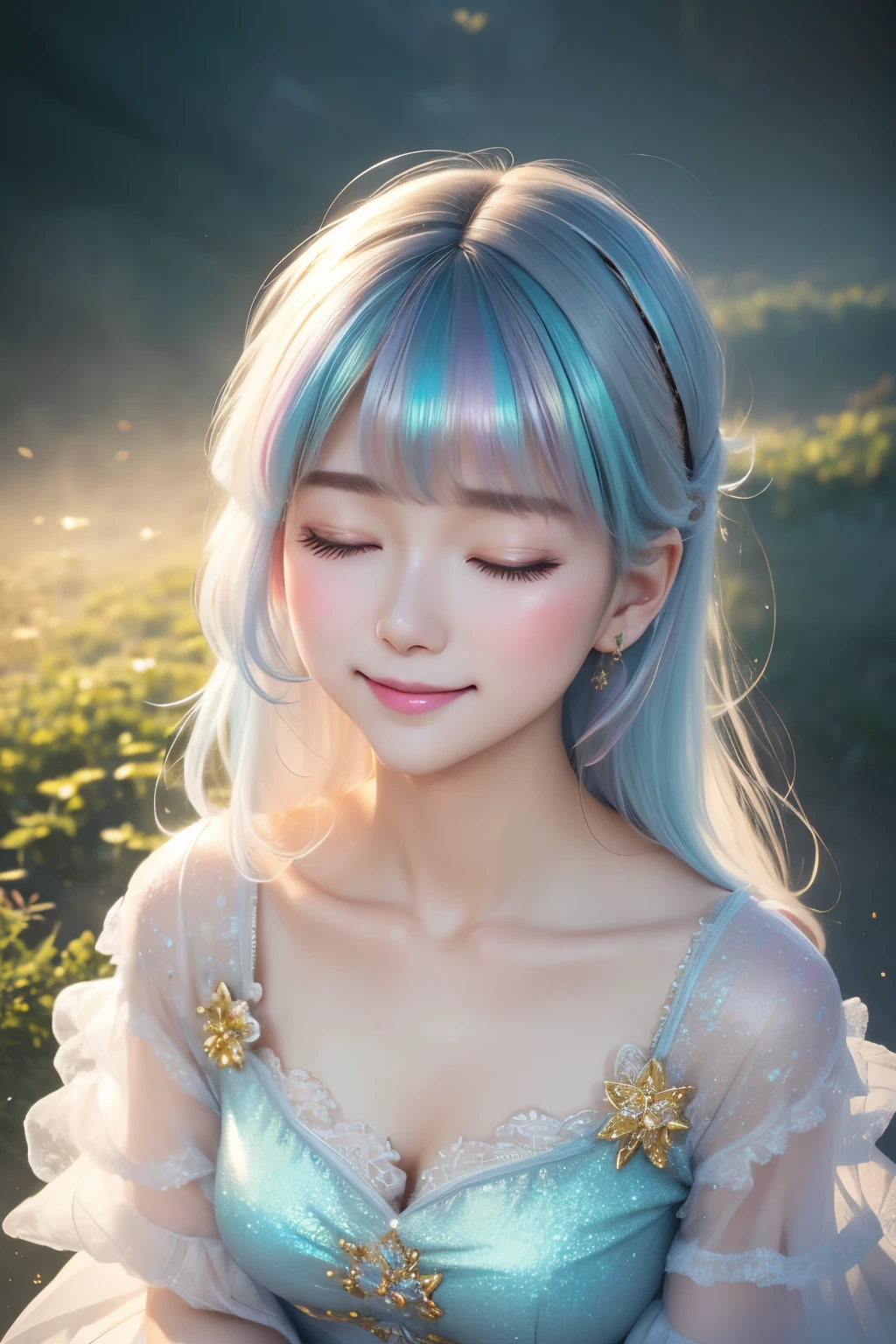 from above, best quality, 32k, RAW photo, incredibly absurdres, extremely detailed, delicate texture, cute woman, front, face up, closed eyes, half-open lips, happy, shy, background iridescent pastel colors, fantastic fog mist, (falling gold dust: 0.7)