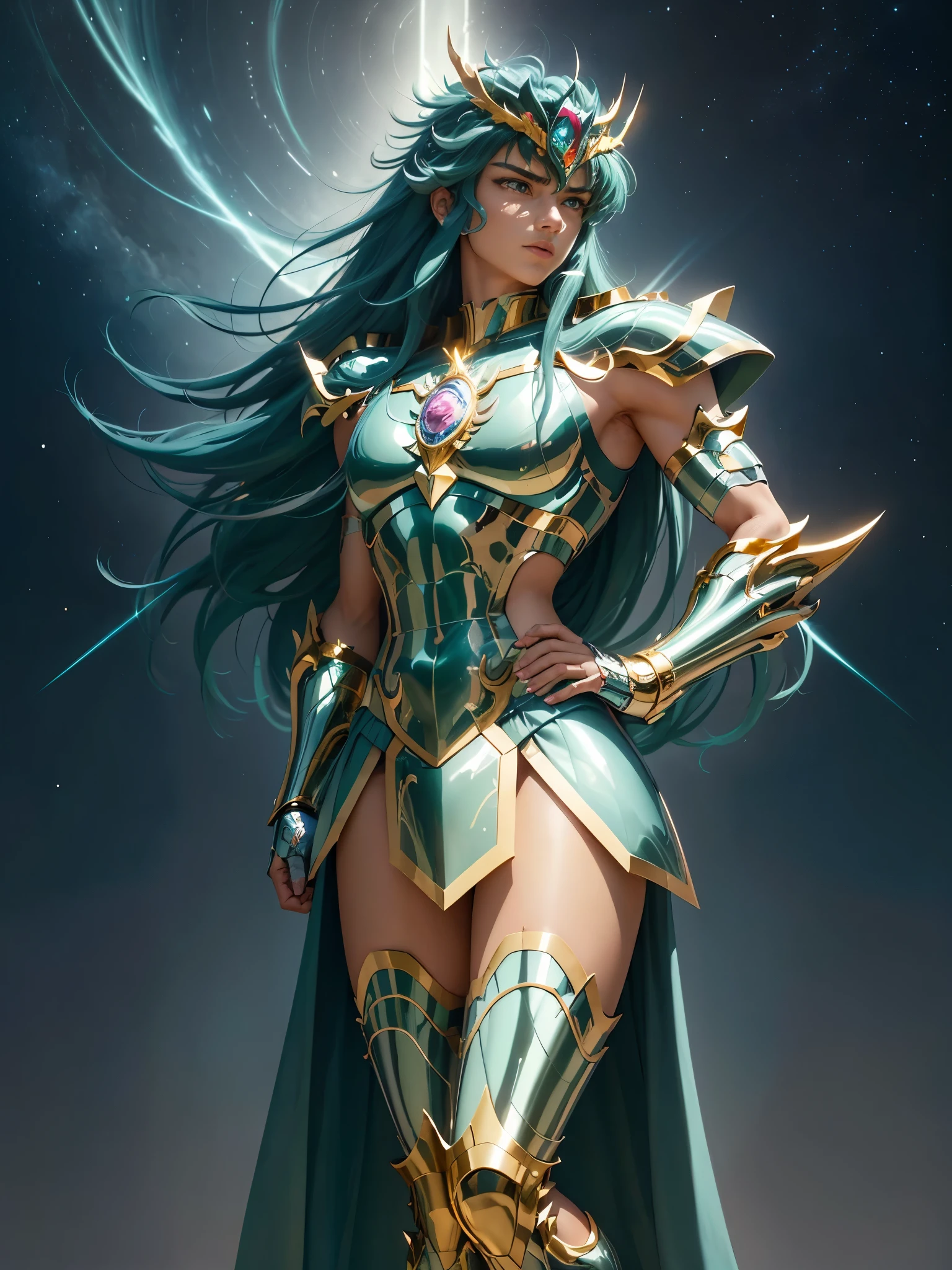 Ultra-high saturation，（tmasterpiece）， fully body photo，（best qualtiy）， （1man）， starryskybackground，Wearing shiny gold armor， masculin lingerie type armor，Expose your chest，Expose the waistline，Exposing thighs，cool-pose， Saint Seiya Armor， messy  hair，high detal, Anime style, Cinematic lighting, Sparkle, god light, Ray traching, filmgrain, hyper HD, textureskin, super detailing, Anatomical correct, A high resolution，Ultra-high saturation，hight contrast，High-gloss armor，Smooth skin，Serious expressions