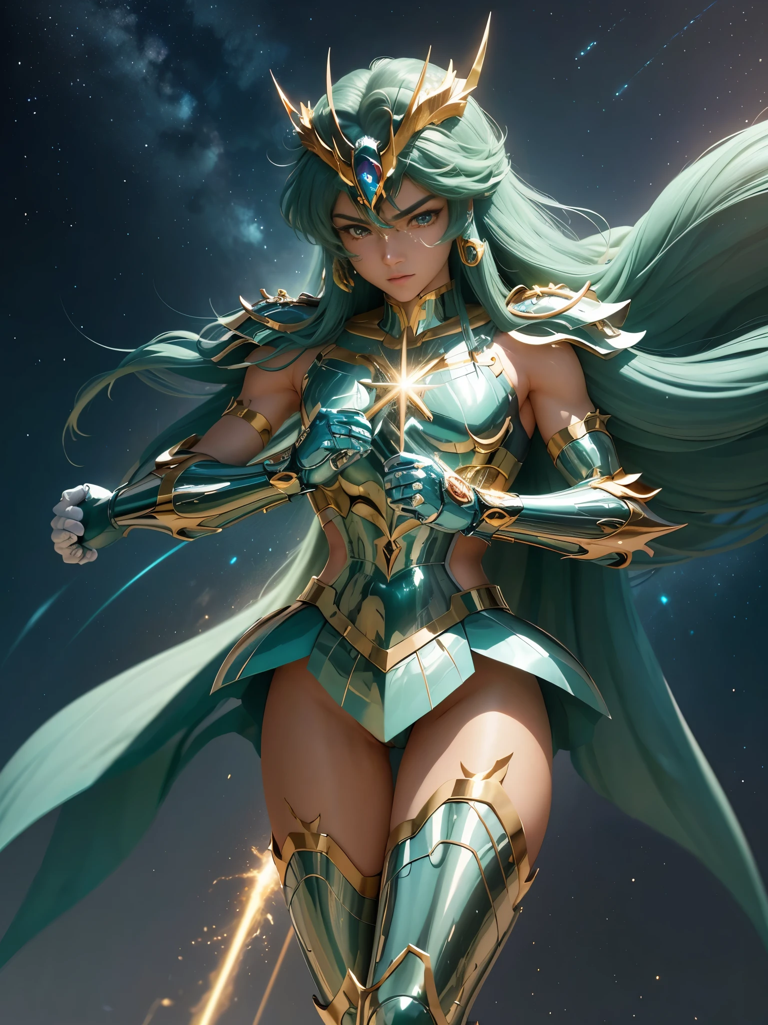 Ultra-high saturation，（tmasterpiece）， fully body photo，（best qualtiy）， （1man）， starryskybackground，Wearing shiny gold armor， masculin lingerie type armor，Expose your chest，Expose the waistline，Exposing thighs，cool-pose， Saint Seiya Armor， messy  hair，high detal, Anime style, Cinematic lighting, Sparkle, god light, Ray traching, filmgrain, hyper HD, textureskin, super detailing, Anatomical correct, A high resolution，Ultra-high saturation，hight contrast，High-gloss armor，Smooth skin，Serious expressions