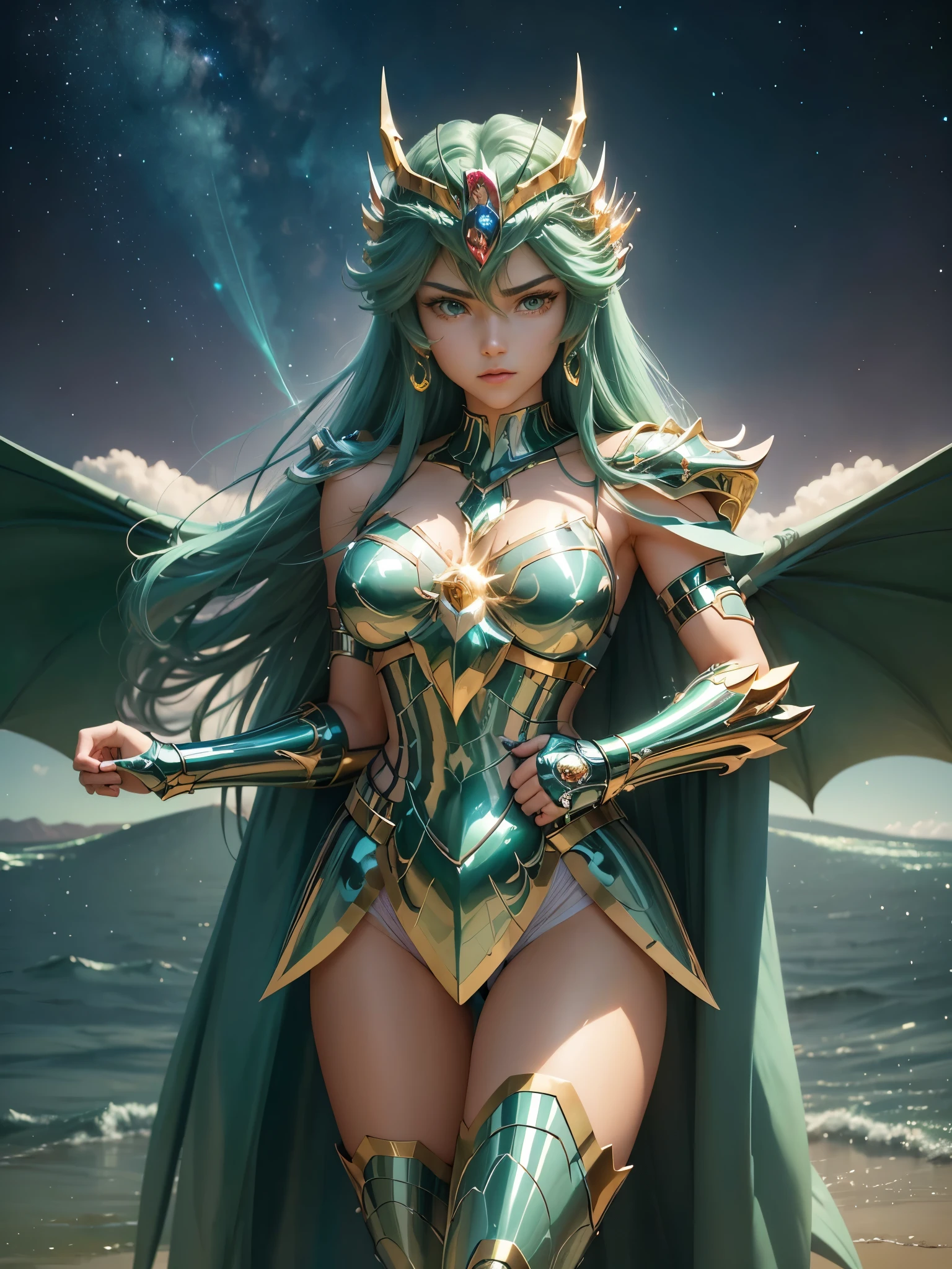 Ultra-high saturation，（tmasterpiece）， fully body photo，（best qualtiy）， （1girll）， starryskybackground，Wearing shiny gold armor， very sexy lingerie type armor，Expose your chest，Expose the waistline，Exposing thighs，cool-pose， Saint Seiya Armor， messy  hair，high detal, Anime style, Cinematic lighting, Sparkle, god light, Ray tracing, filmgrain, hyper HD, textureskin, super detailing, Anatomical correct, A high resolution，Ultra-high saturation，hight contrast，High-gloss green armor，Smooth skin，Serious expressions,dragon lighting at background