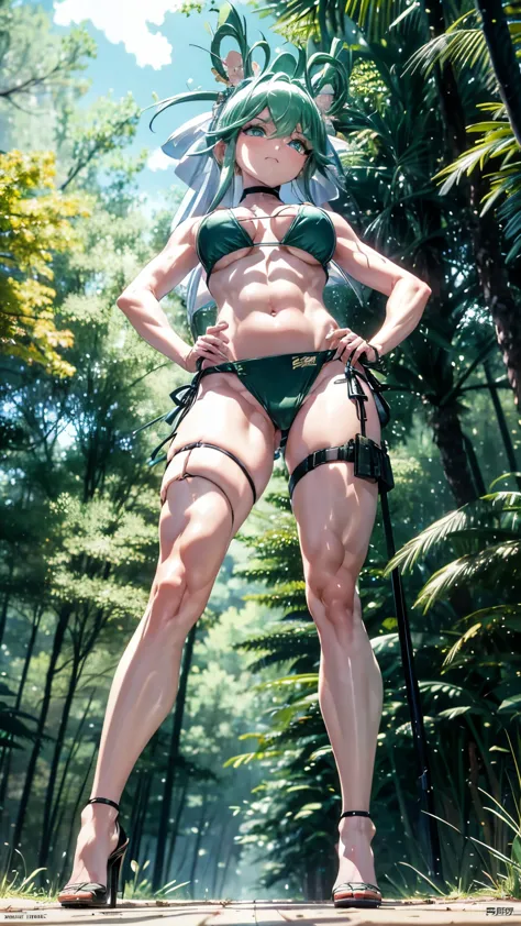 standing in the woods, in a bad mood, hands on hips, (((wearing a very sexy bikini))), heels, work of art. (toned legs), (toned tummy), bright green eyes