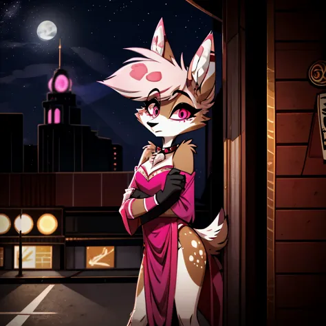 In the solitary realm of Hazbin Hotel, a captivating feminine deer and wolf hybrid demon is the sole character, mesmerizing with...