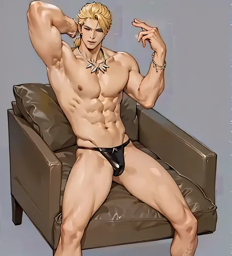 masterpiece, 1 male, Handsome, High, strong, Sitting on the sofa, nude, Shen Yu, blonde, necklace, necklace, earrings, high quality,