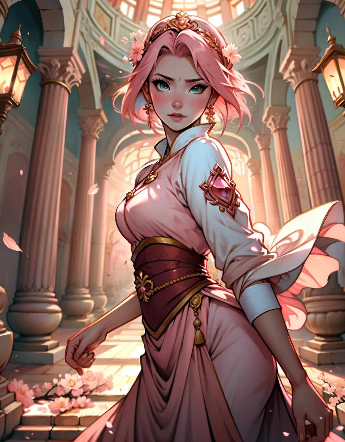 1womanl, fantasiada de deusa do Olympus, Athens, strong emotions, sakura,pink hair, (shorth hair!!), Lumiere, focusing, fully body, golden clothes roman clothes, Olympus, thron, golden ornaments, wealth, splendor