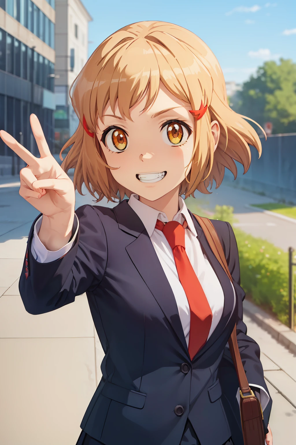 masterpiece, highest quality, look up, looking at the viewer, grin and laugh, orange ring, short hair, school uniform, (red tie:1.3), black blazer, black pleated skirt, peace sign, outdoor, upper body, super detailed fingers, Ultra detailed hands