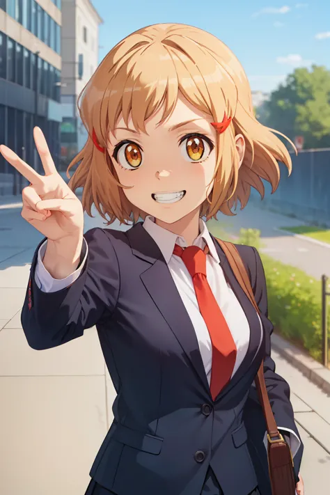 masterpiece, highest quality, look up, looking at the viewer, grin and laugh, orange ring, short hair, school uniform, (red tie:...