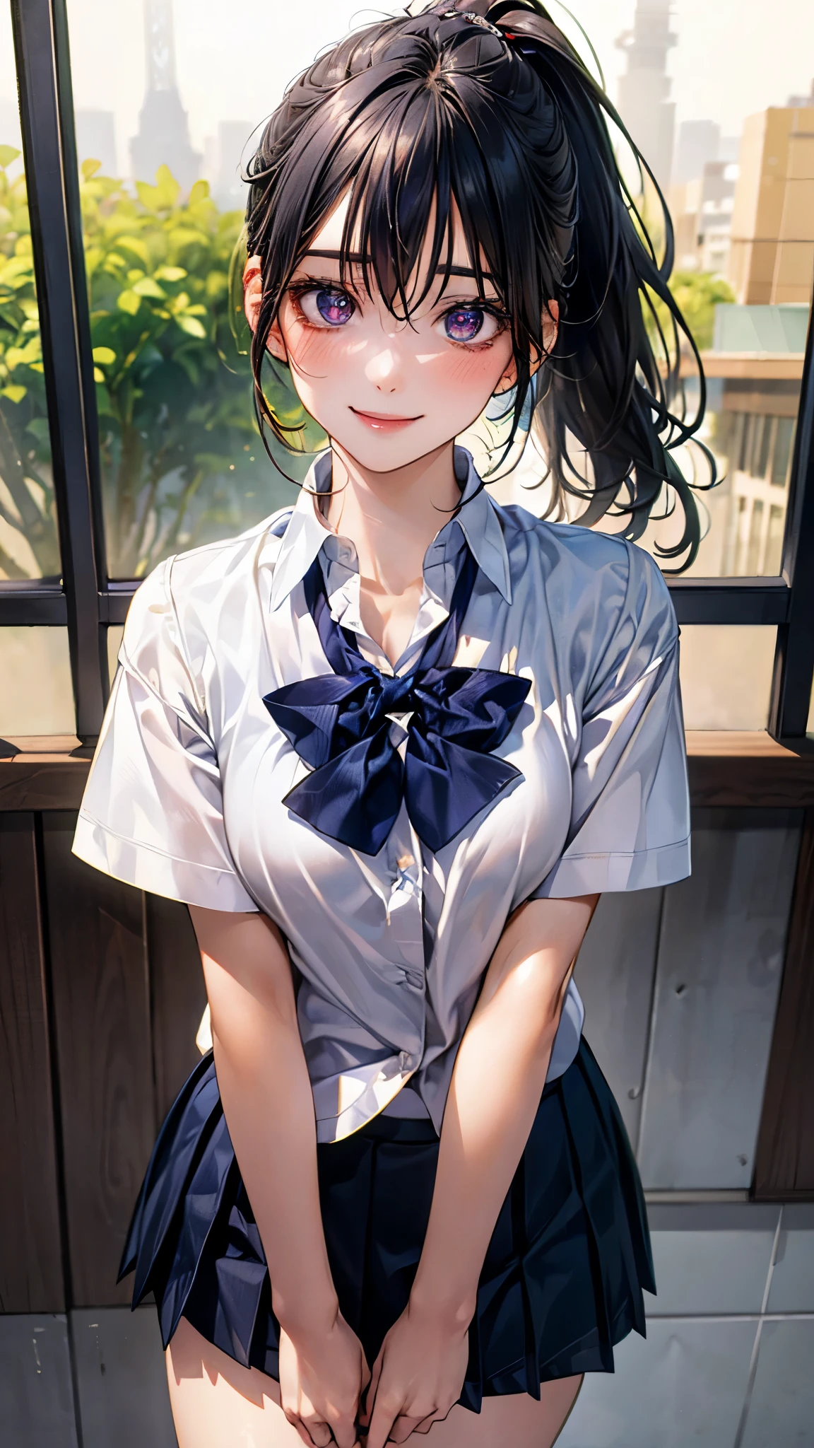 (masterpiece:1.2, top-quality), (realistic, photorealistic:1.4), beautiful illustration, (natural side lighting, movie lighting), nsfw, 
looking at viewer, 1 girl, japanese, high school girl, perfect face, cute and symmetrical face, shiny skin, 
(long hair:1.5, ponytail:1.4, black hair), hair between eyes, purple eyes, glowing eyes, big eyes, long eye lasher, (medium breasts), slender, 
beautiful hair, beautiful face, beautiful detailed eyes, beautiful clavicle, beautiful body, beautiful chest, beautiful thigh, beautiful legs, beautiful fingers, 
((JP , white collared shirts, navy pleated mini skirt)), 
(beautiful scenery), evening, (school),, standing, (lovely smile, upper eyes), 