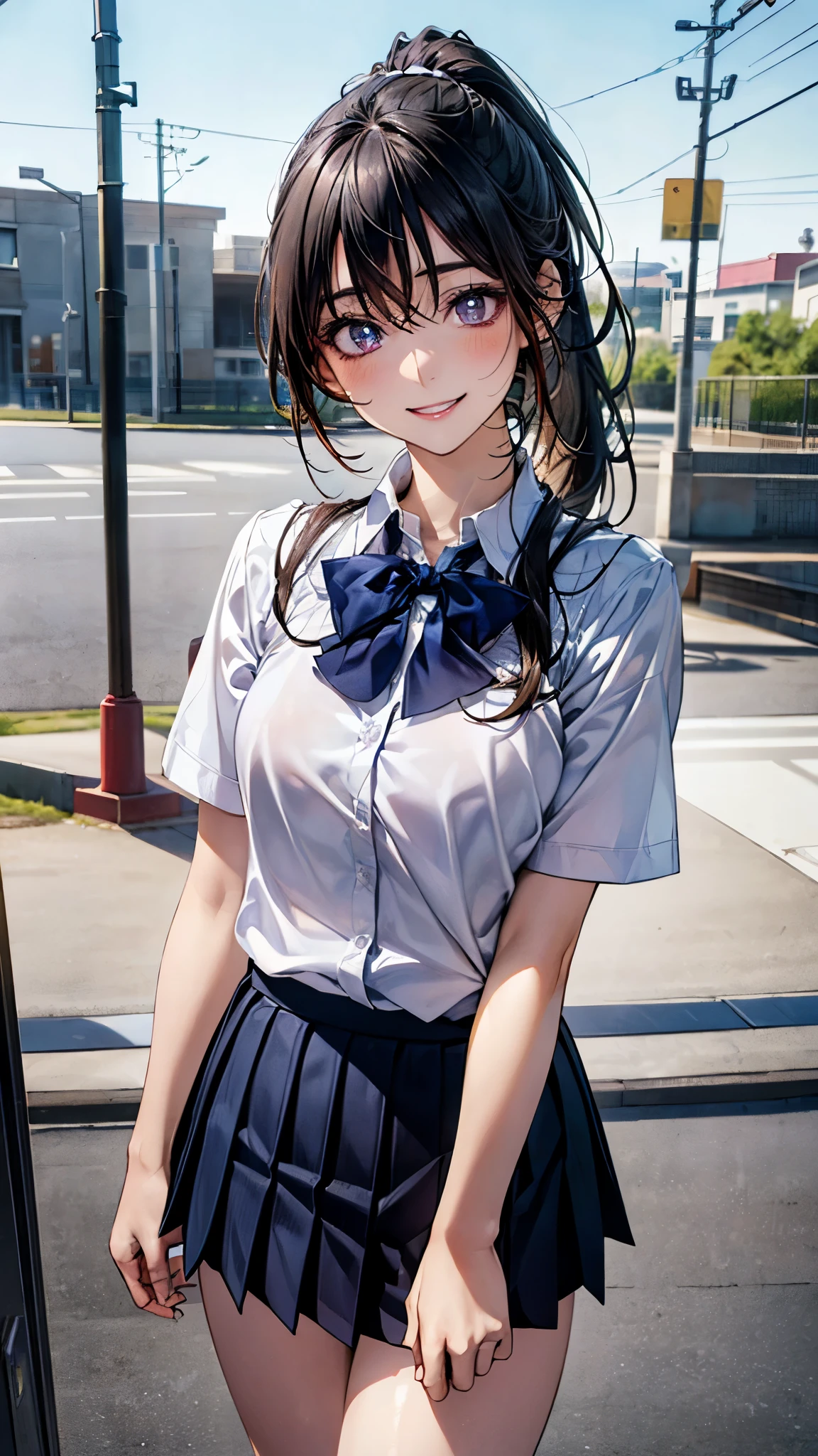 (masterpiece:1.2, top-quality), (realistic, photorealistic:1.4), beautiful illustration, (natural side lighting, movie lighting), nsfw, 
looking at viewer, 1 girl, japanese, high school girl, perfect face, cute and symmetrical face, shiny skin, 
(long hair:1.5, ponytail:1.4, black hair), hair between eyes, purple eyes, glowing eyes, big eyes, long eye lasher, (medium breasts), slender, 
beautiful hair, beautiful face, beautiful detailed eyes, beautiful clavicle, beautiful body, beautiful chest, beautiful thigh, beautiful legs, beautiful fingers, 
((JP , white collared shirts, navy pleated mini skirt)), 
(beautiful scenery), evening, (school),, standing, (lovely smile, upper eyes), 