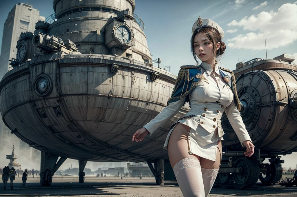 Ultra-realistic 16K CG, masterpiece, Best Composition, Photo quality, work of art, kamera na butt, beautiful woman 2, dressed in the ceremonial uniform of a lieutenant of the Royal Musketeers, lifts the skirt, Very beautiful face, Science fiction, cyberpunk, The Distant Future, Against the backdrop of a huge combat hydroplane, in the background are tall battle towers with huge heavy cannons, white high heels, white lace thigh-high stockings,  high detail, full length, Lots of elements, flying transports, on the head is a shako with a high white plume, pompom and kutasa, 